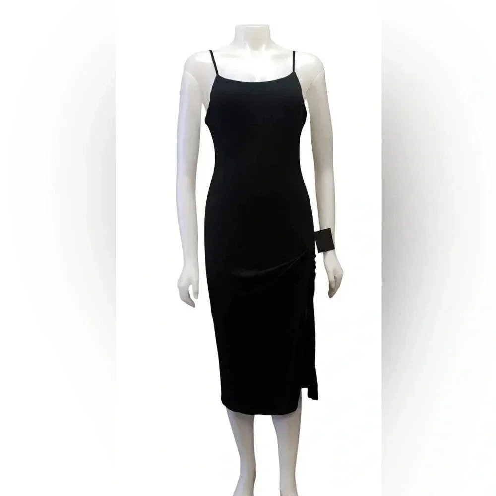Lulu’s Sexy Black Midi Side Ruching Dress Size Medium